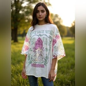 Peace Love Music Graphic Tee, Woodstock shirt with lace sleeves.